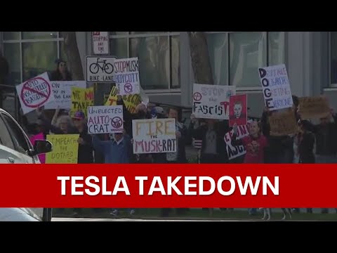 &#039;Tesla Takedown&#039;: Hundreds protest at Tesla locations nationwide against Elon Musk | KTVU